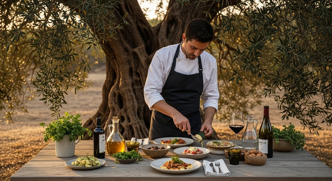 Chef preparing fresh Mediterranean cuisine under olive trees